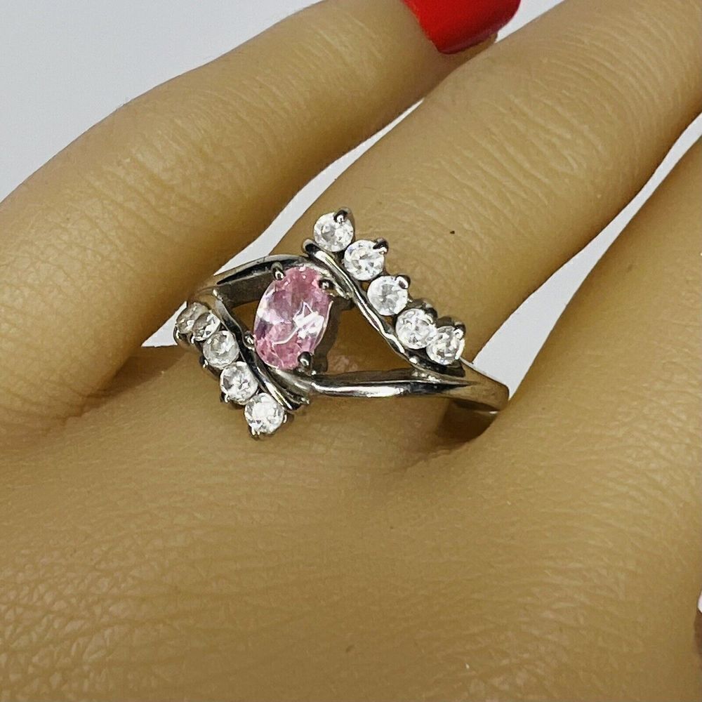Vintage Ring Sz 8 Signed MB 925 Pink Clear Crystal Sterling Silver Princes 1020